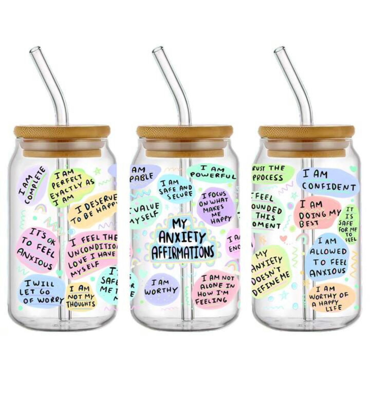 My Anxiety Affirmation sWrap (UV DTF)-Glass Cup With Bamboo Lid, 16oz