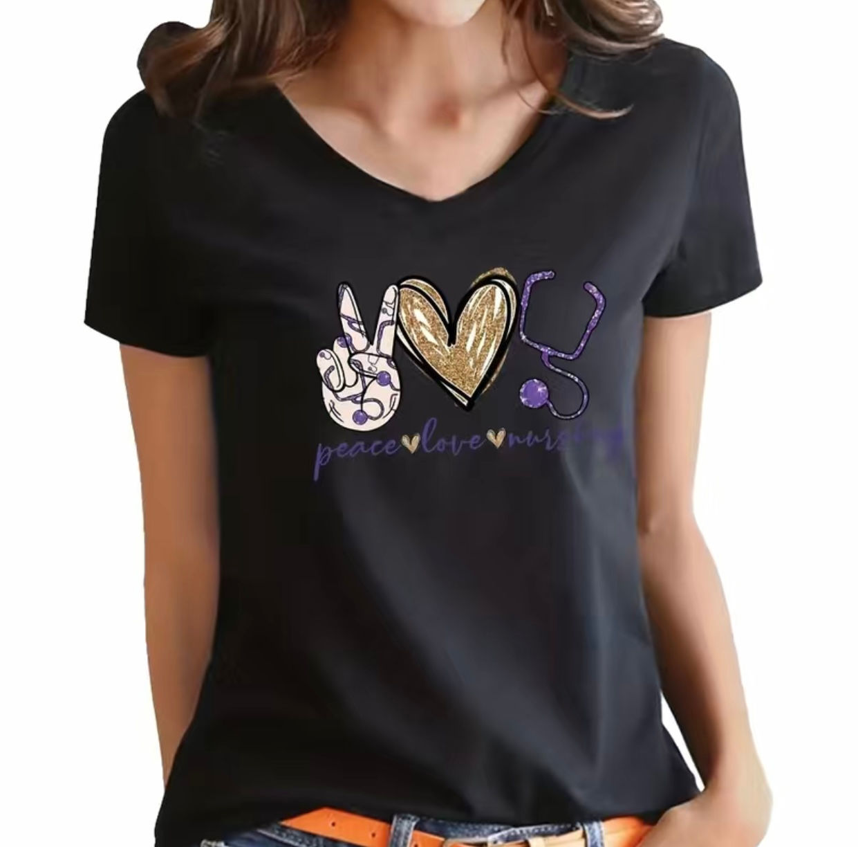 Peace Love Nurse (DTF)-Unisex Crew T-Shirt 100% Cotton