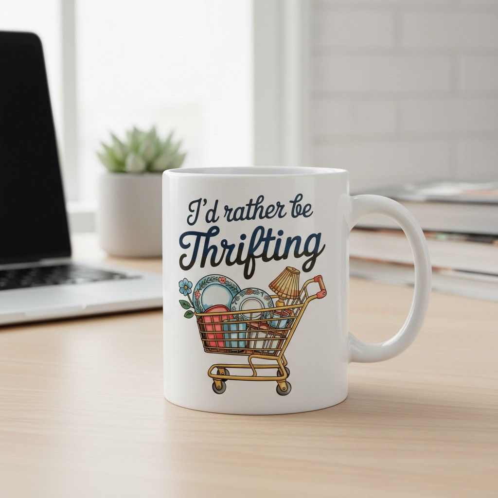 White 11.5 oz “I’d Rather Be Thrifting” Mug – Vintage Thrift Lover Ceramic Cup
