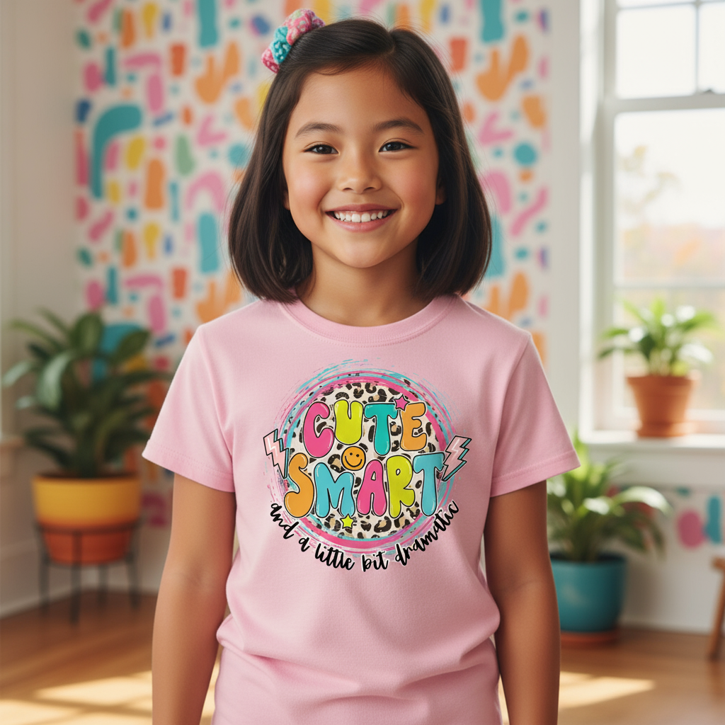 Cute, Smart & A Little Bit Dramatic Girls' T-Shirt – 100% Cotton DTF Short