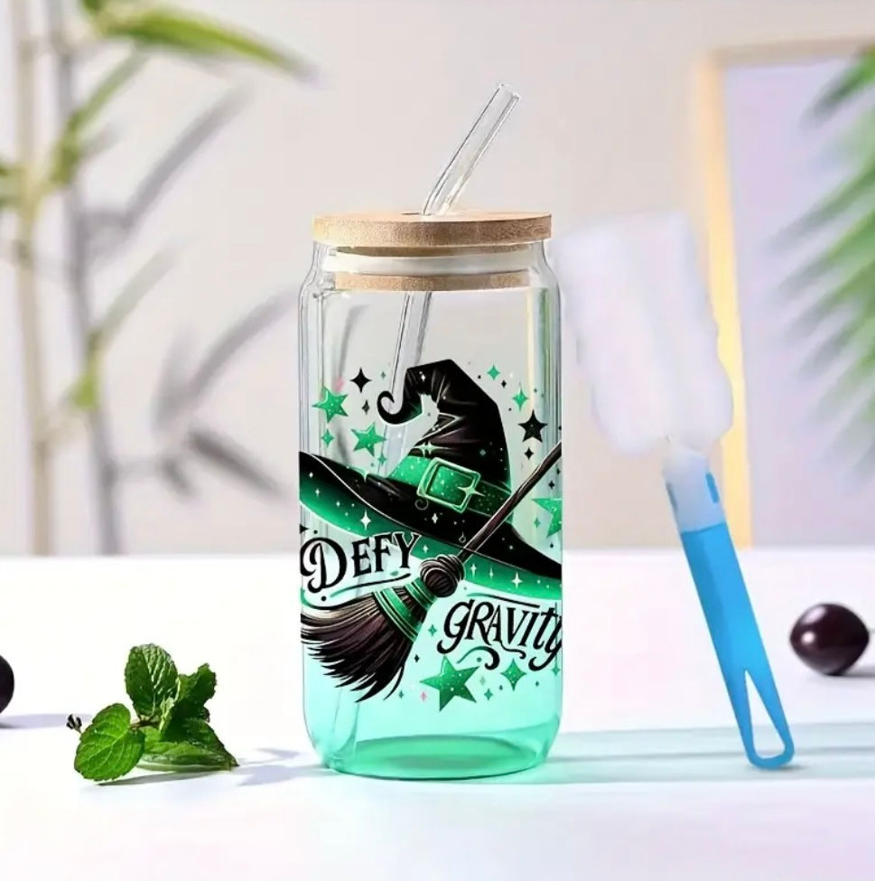 Defy Gravity Witch Hat 16oz Glass Cup with Bamboo Lid | UV DTF Printed