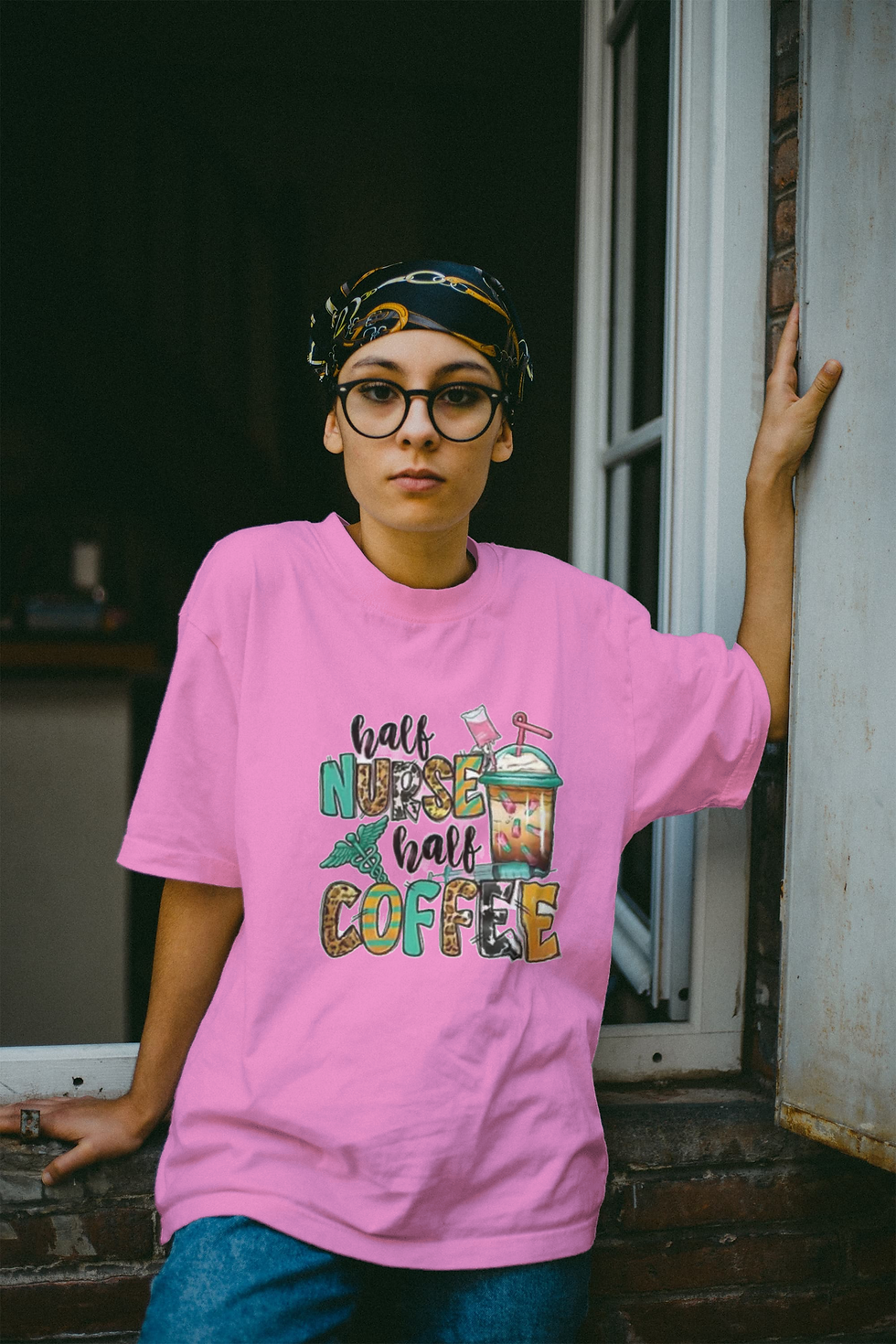 Thumbnail: Half Nurse Half Coffee (DTF)-Unisex Crew T-Shirt 100% Cotton Short Sleeve