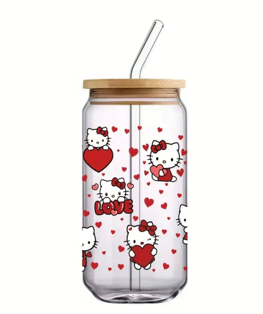 Hello Kitty Love (UV DTF)-Glass Cup With Bamboo Lid, 16 oz.