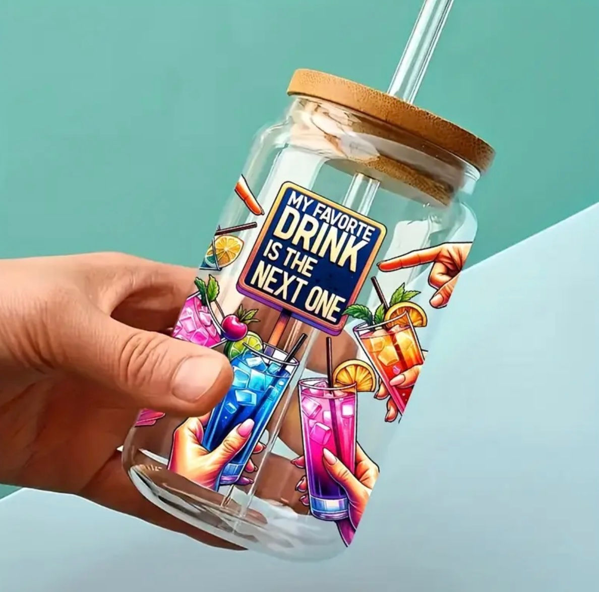 My Favorite Drink Is The Next One (UV DTF)-Glass Cup With Bamboo Lid, 16 oz.