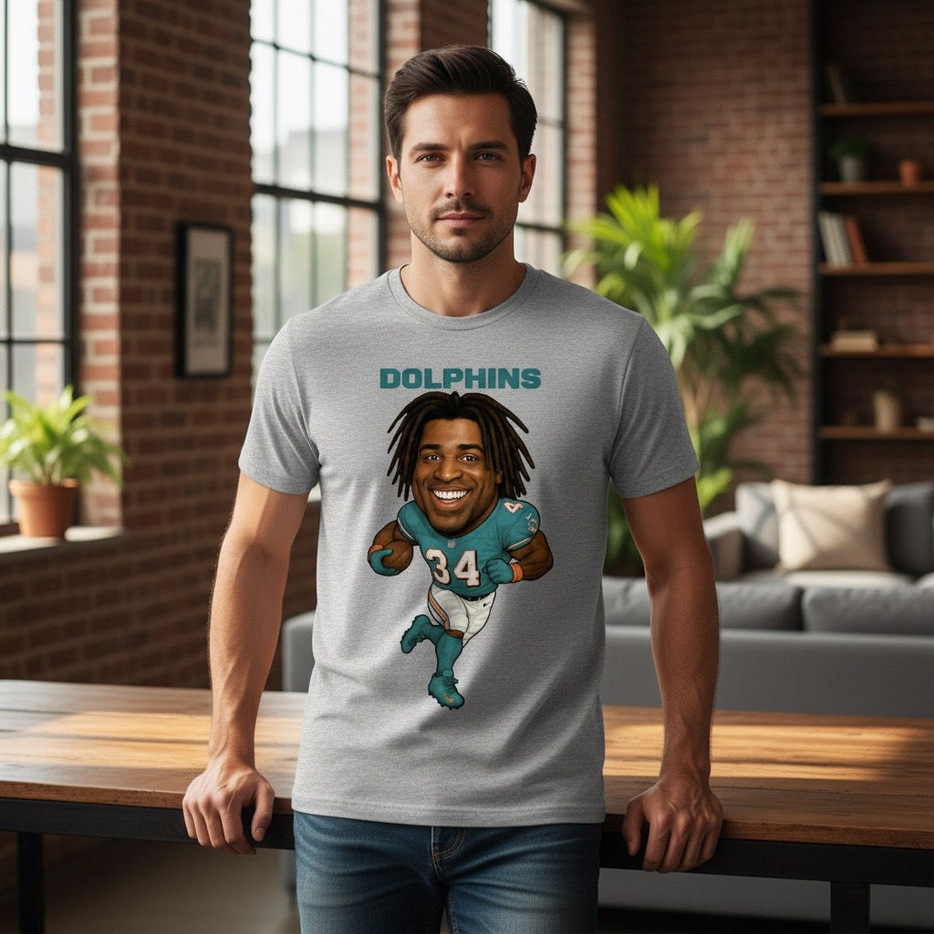 Caricature Ricky Wilson Dolphins Football T-Shirt – 100% Cotton Short Sleeve