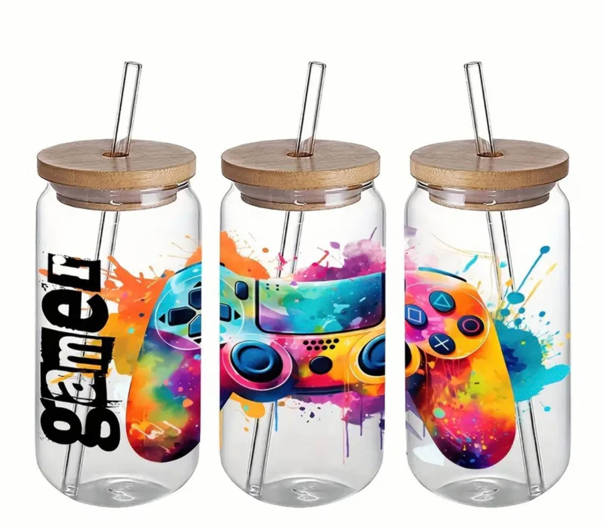 Neon Gamer (UV DTF)-Glass Cup With Bamboo Lid, 16 oz