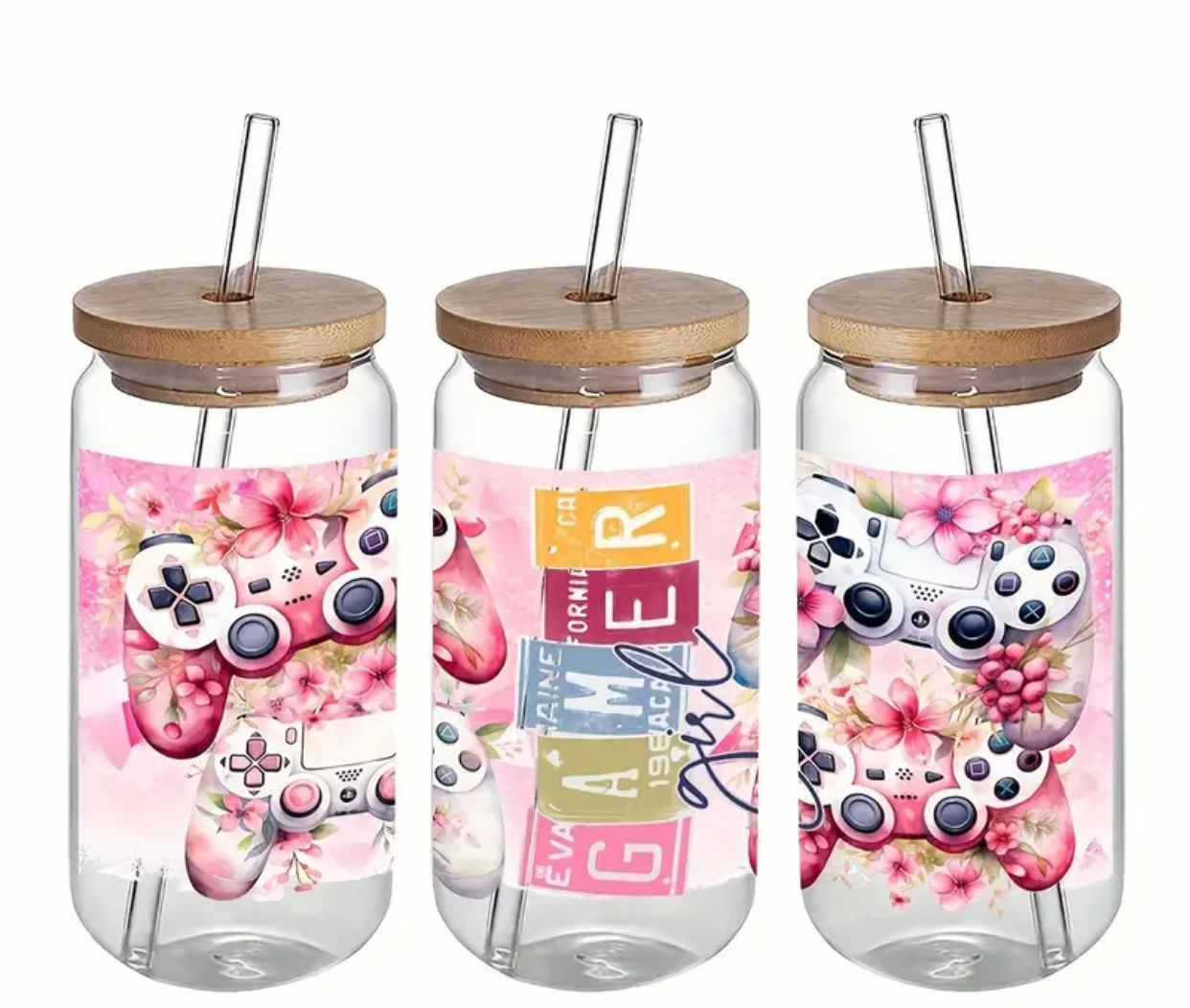 Gamer Girl (UV DTF)-Glass Cup With Bamboo Lid, 16 oz