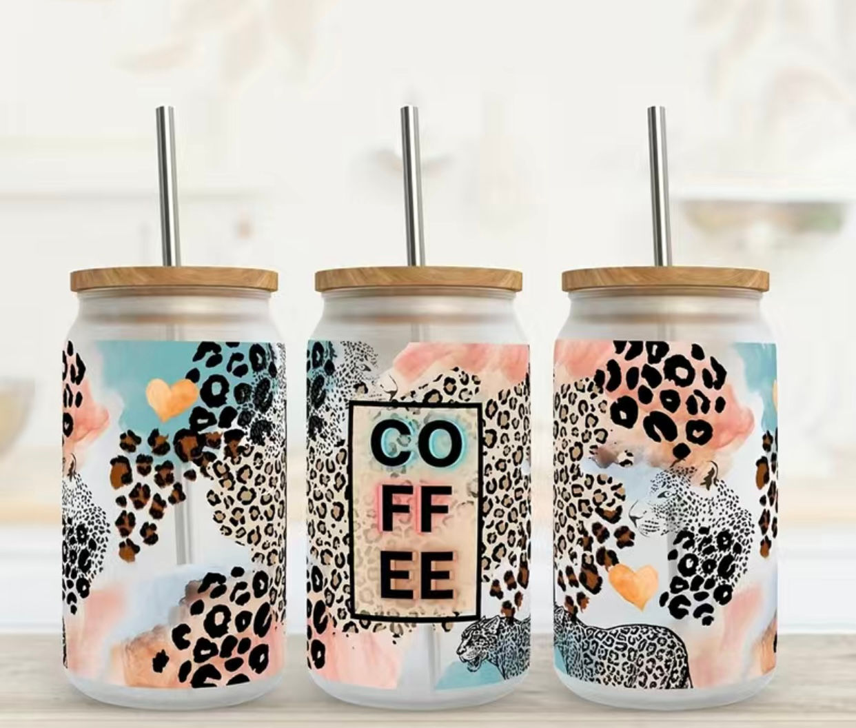 COFFEE Animal Print Wrap (UV DTF)-Glass Drinking Cup With Bamboo Lid, 16oz