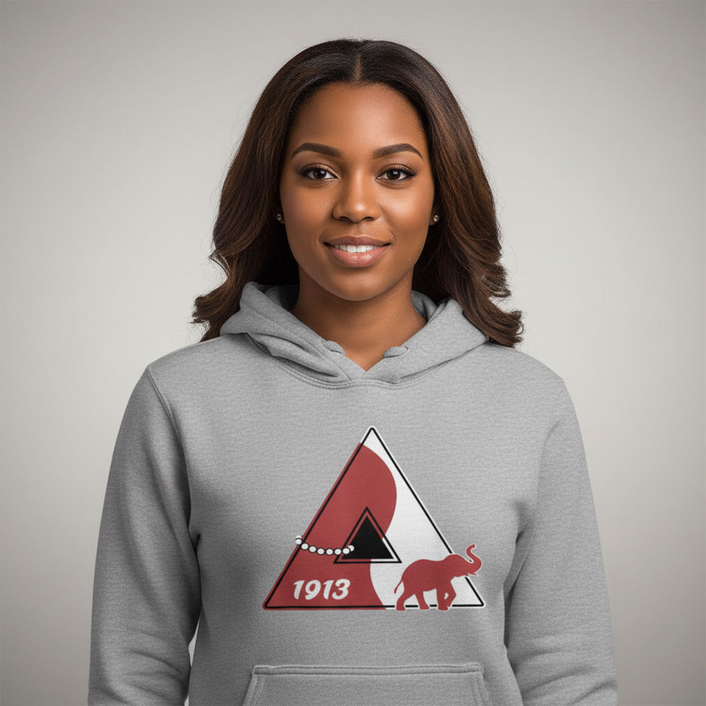 1913 Delta‑Inspired Triangle Hoodie | Red & White Elephant & Pearls Design