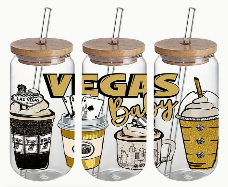 Vegas Baby Wrap (UV DTF)-Glass Cup With Bamboo Lid, 16oz