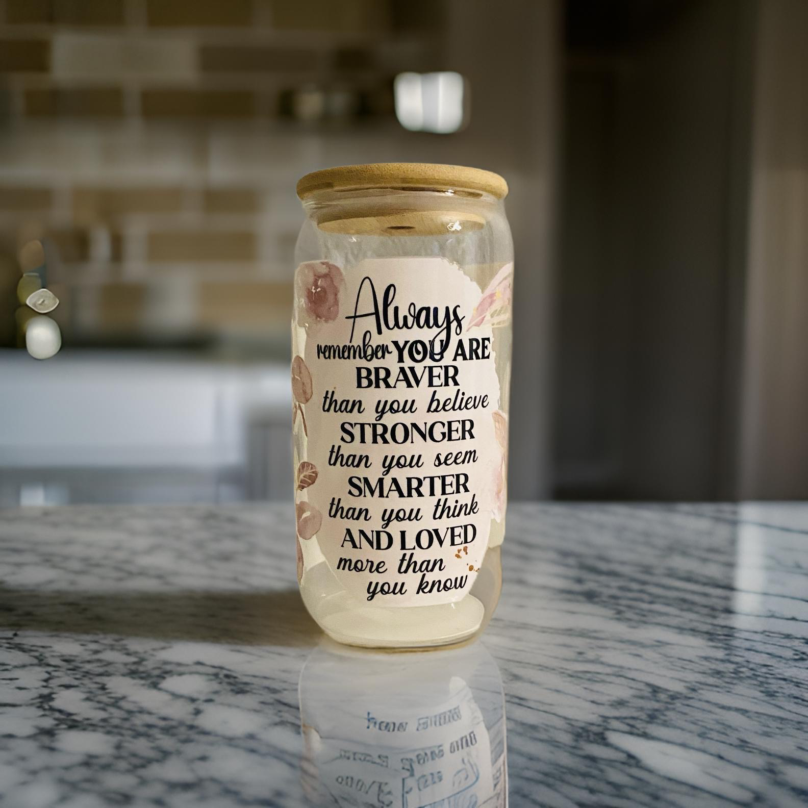 Always Remember You Are Braver (UV DTF)-Glass Cup With Bamboo Lid, 16 oz