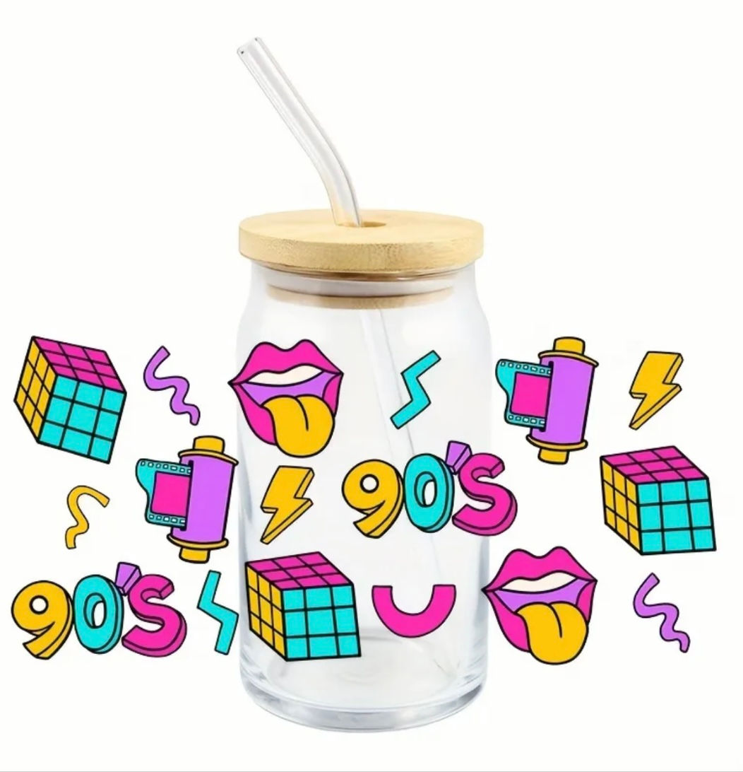 90s Wrap (UV DTF)-Glass Drinking Cup With Bamboo Lid, 16oz