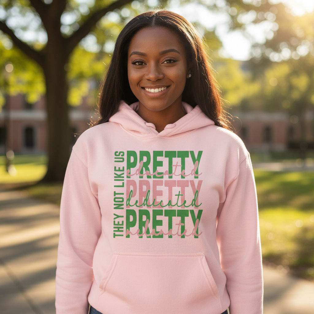 They Not Like Us Pretty Dedicated Hoodie – Pink & Green Motivational Sweatshirt