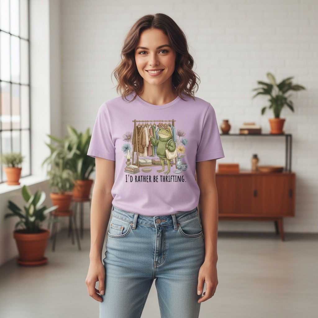 “I’d Rather Be Thrifting” Frog Tee – Cute Vintage Thrift Lover Graphic Shirt