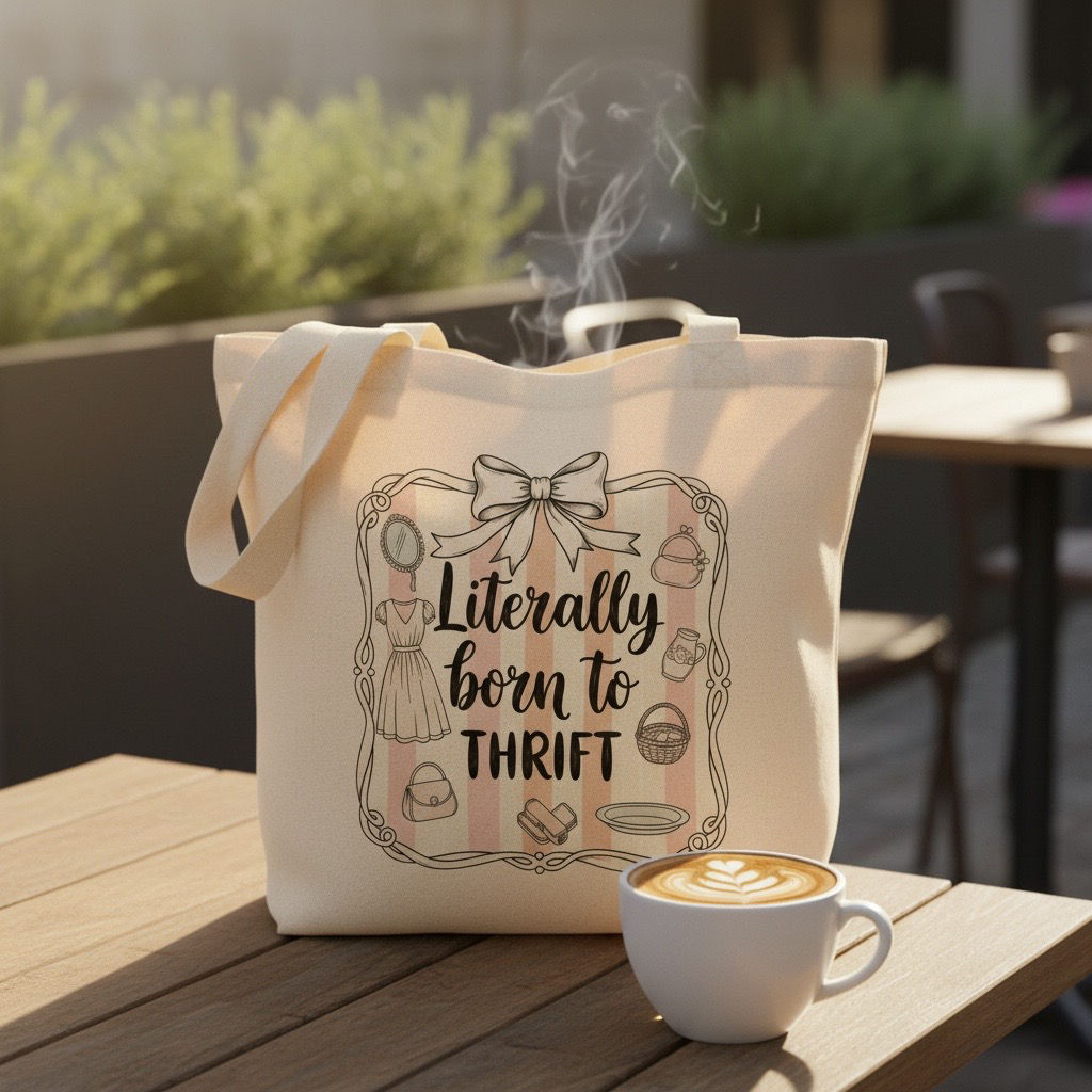 Literally Born to Thrift Tote – Vintage Thrifting Illustration Market Bag