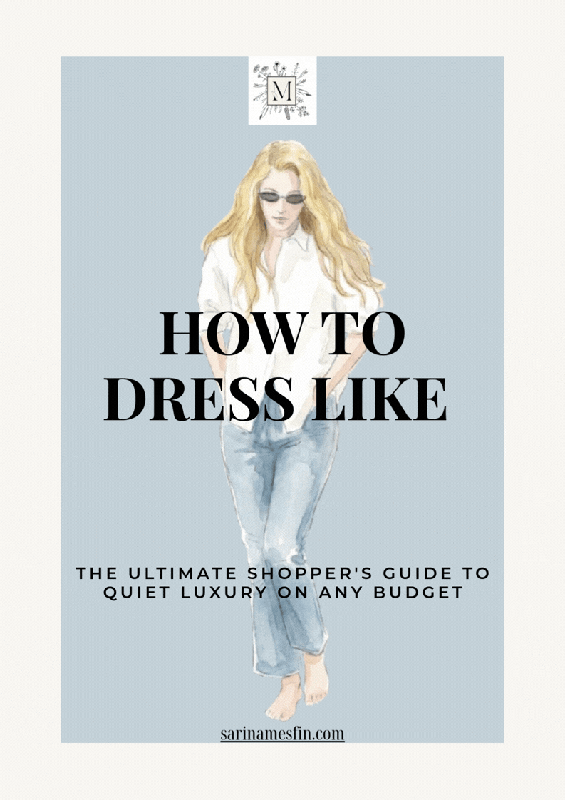 Stylish woman illustrated in white blouse, jeans, and sunglasses. Text: "HOW TO DRESS LIKE" and "The ultimate shopper's guide..." Background is light blue.