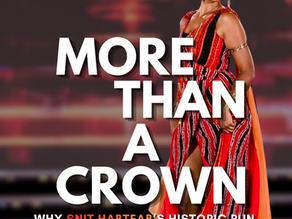 Woman in ornate red dress and gold headpiece stands on stage; poster reads MORE THAN A CROWN, with Snit Habteab victory text.