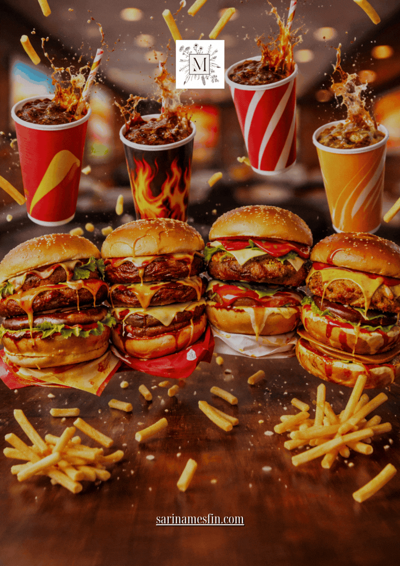 Burgers and fries arranged with four sodas splashing in the background. Bright red and yellow cups. Text: "sarinamesfin.com" at the bottom.