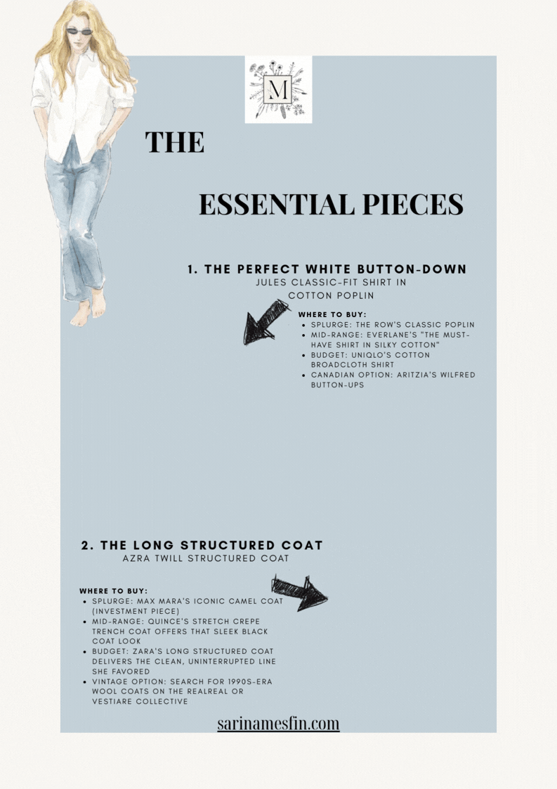 Illustration of a stylish woman in sunglasses and jeans beside text listing essential fashion pieces: white button-down shirt and structured coat.