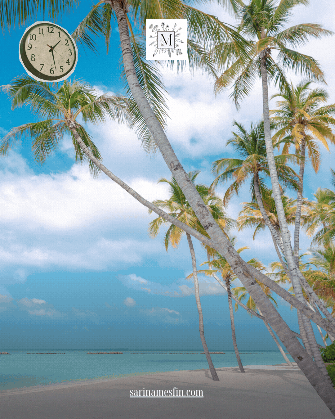 Palm trees on a beach with a blue sky and clouds. A clock and "M" logo float above. Text reads sarinamesfin.com at the bottom.