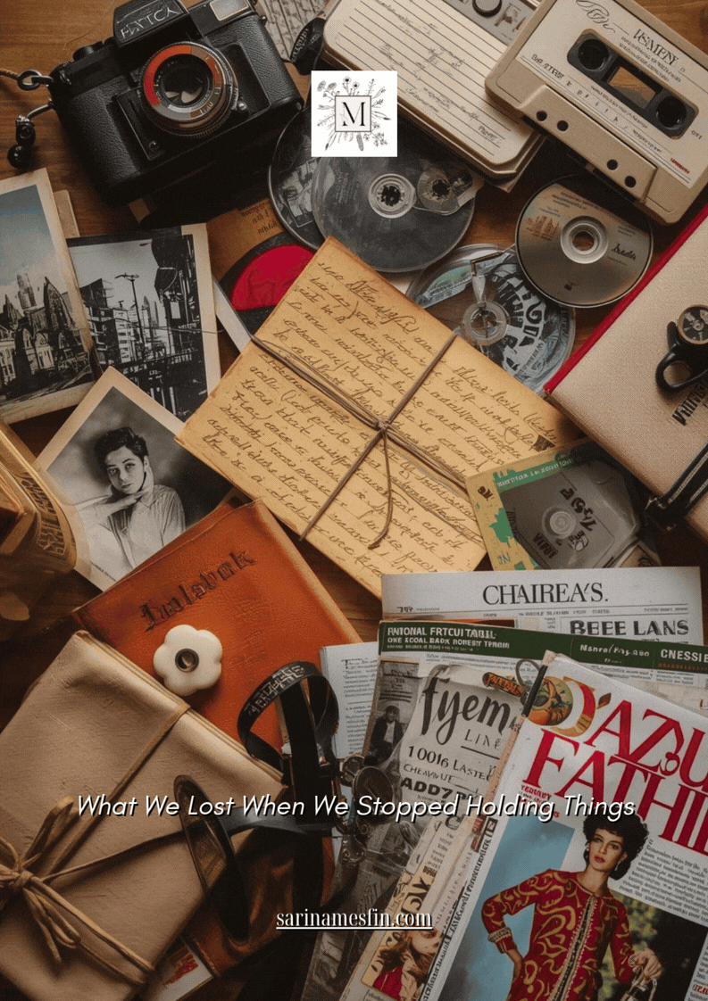 A vintage camera, cassette tapes, and old letters on a wooden table. Black and white photos, newspapers, and magazines add a nostalgic vibe.