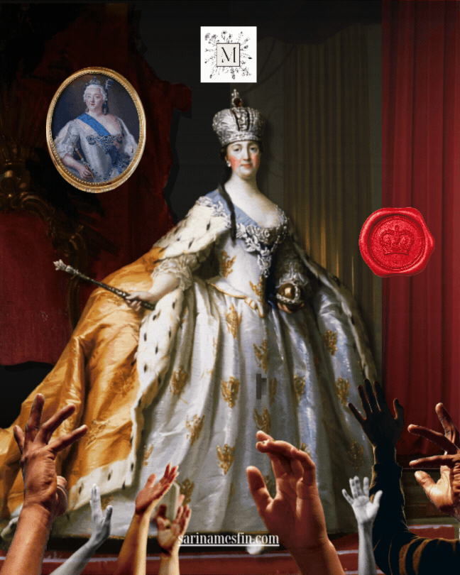 A regal woman in ornate gown holds scepter with hands reaching towards her. Framed portrait, red seal, and text "sarina mesfin com" visible.