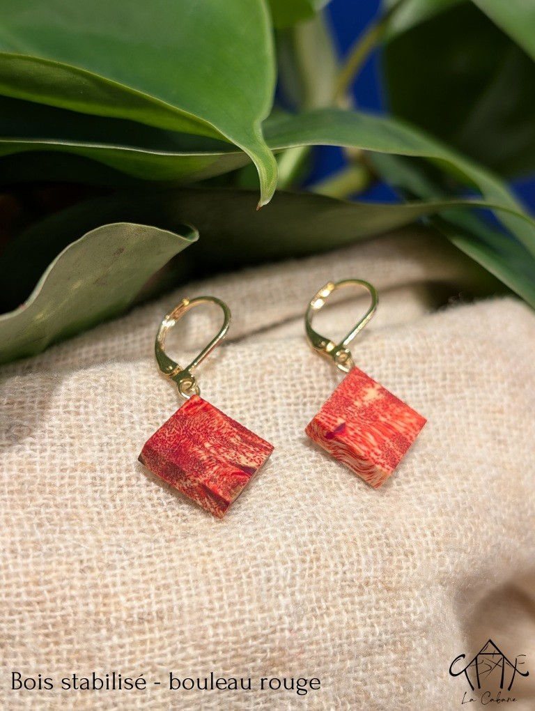 Miniature : Boucles d'oreilles - Petit carré bois stabilisé