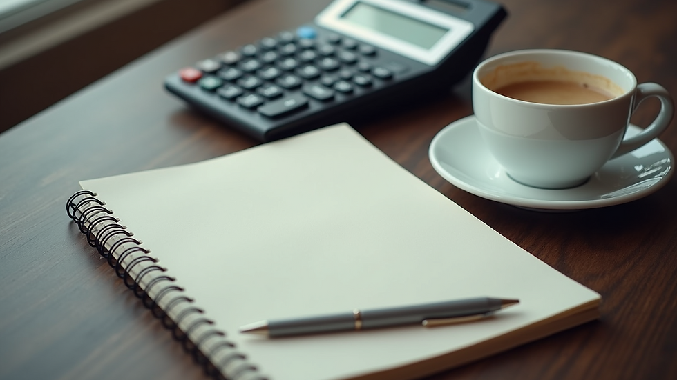 High angle view of a desk with a notebook, calculator, and coffee cup