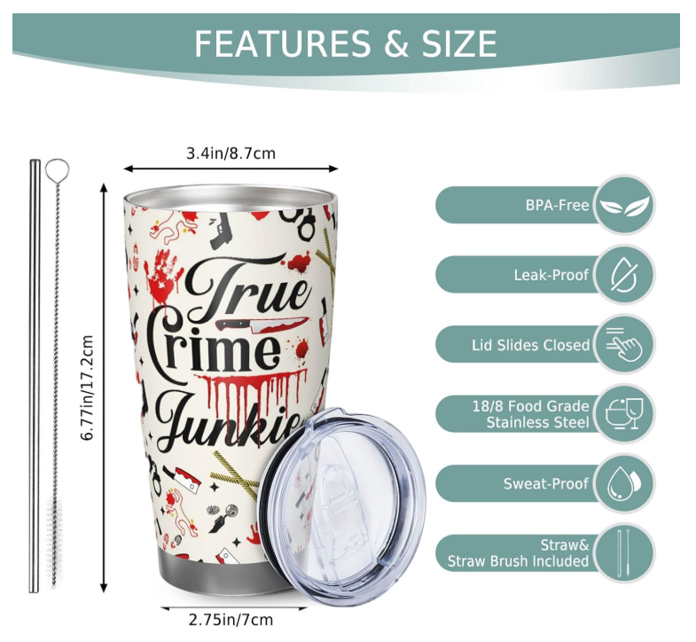 Thumbnail: 1376 True Crime Junkie Tumbler 20oz - Insulated Stainless Steel with Straw