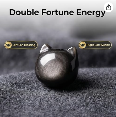 Thumbnail: 1310 Black Obsidian Gemstone Double Fortune Energy Cat Bracelet
