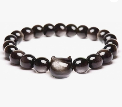 1310 Black Obsidian Gemstone Double Fortune Energy Cat Bracelet