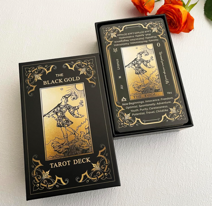 Thumbnail: 1173 "Black Gold Tarot Cards" Gold Gilded Edges 78 Cards New in Box!