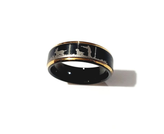 Thumbnail: 1337 8MM Width Hunting Hound Dogs Deer Men Shooting Design Carbide Ring