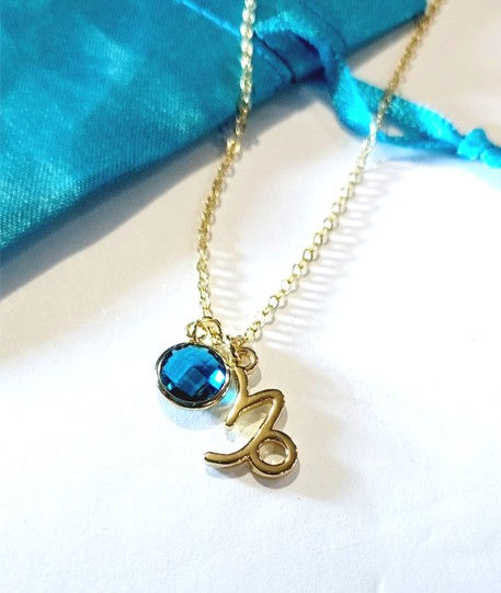 Thumbnail: 1246 Delicate 14k Gold Plated "Capricorn" Aquamarine Cubic Zirconia Necklac