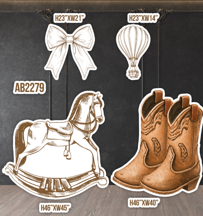 AB2279 Sketch Toile brown white baby gender reveal boots, rocking horse bow hot