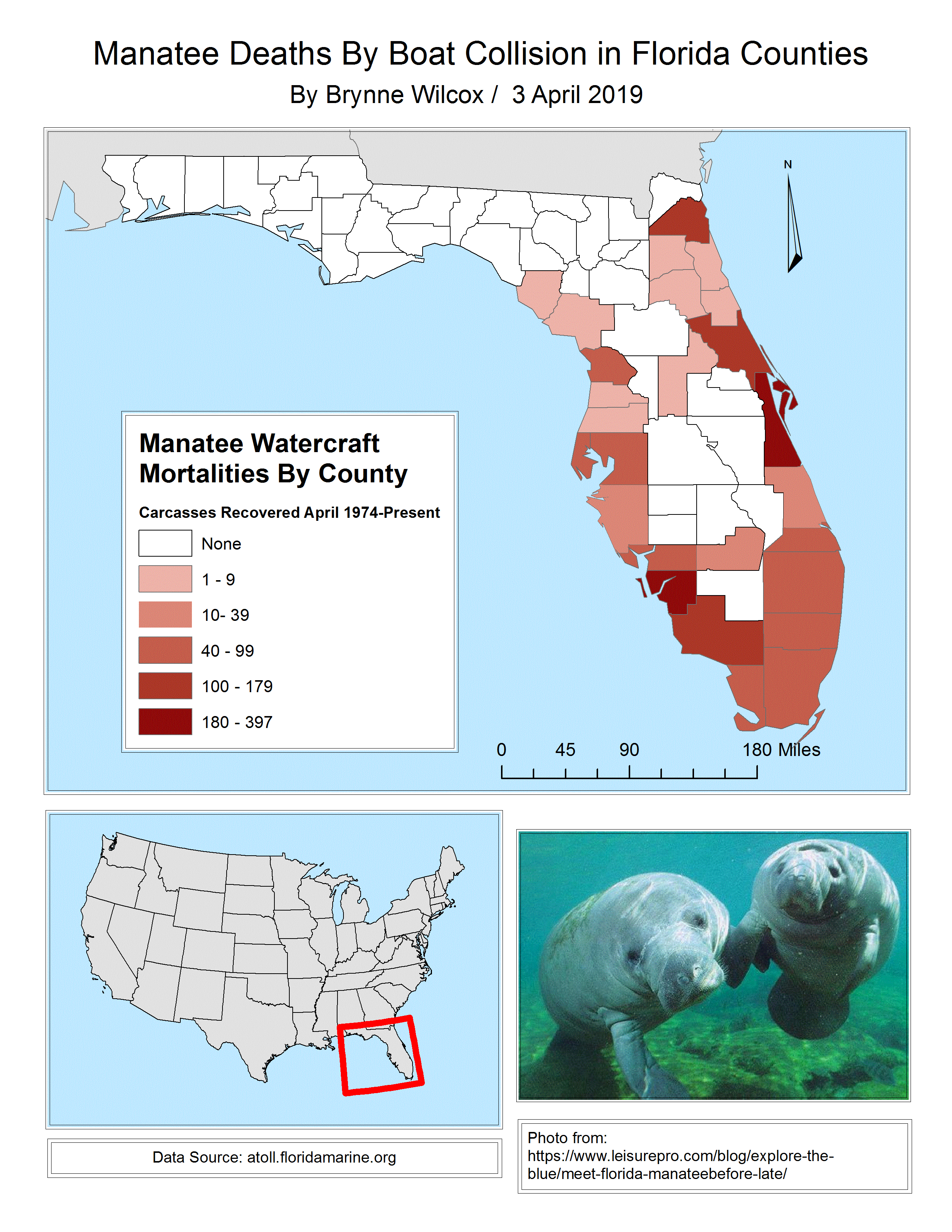 Manatee Deaths By Boat Collision in Florida Counties