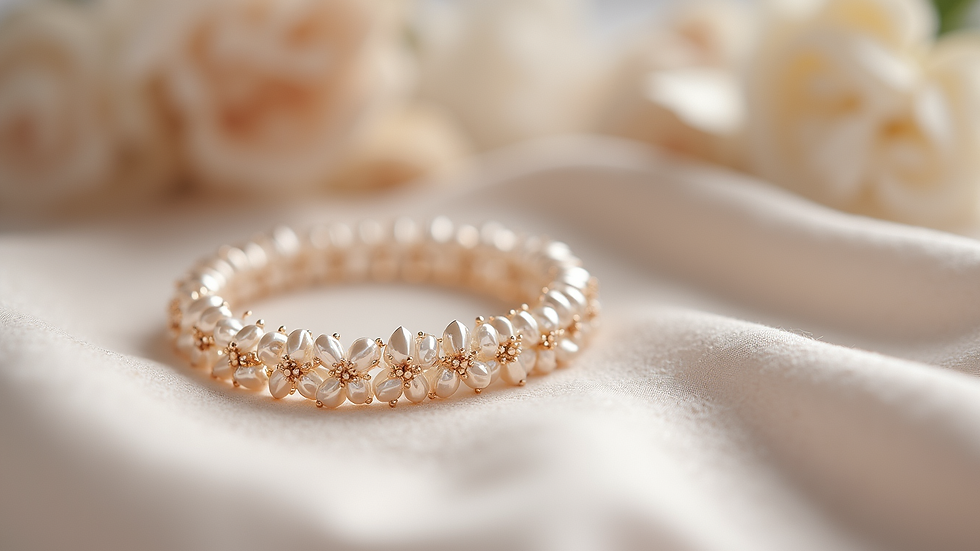 Eye-level view of a delicate crystal bracelet resting on a soft fabric surface