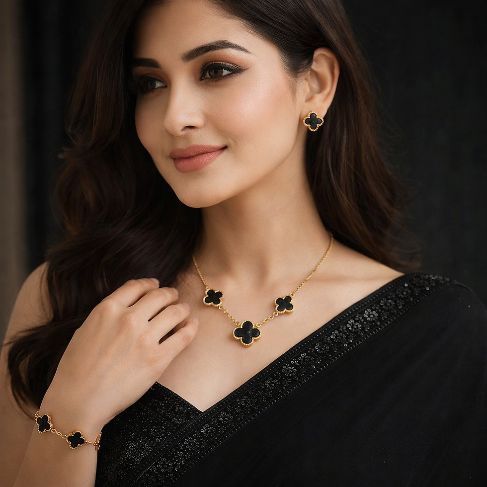Black clover necklace worn by model, elegant minimal jewelry for everyday styling and positive energy