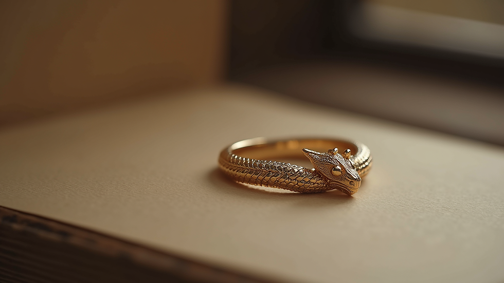 Eye-level view of a minimalist jewellery set featuring a serpent embrace ring