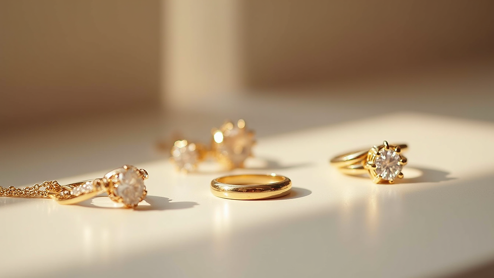 Eye-level view of minimalist jewellery display with gold rings and crystal pendants