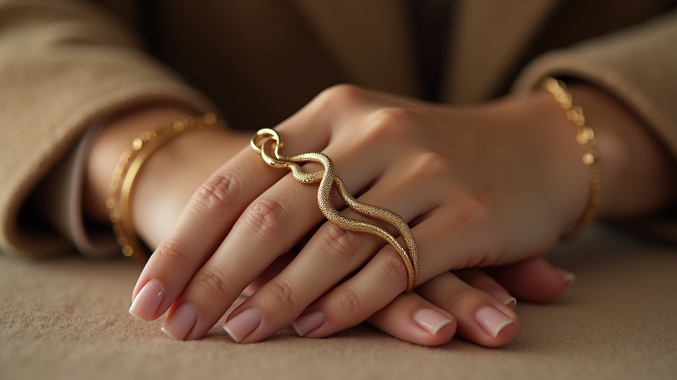 Eye-level view of a Serpent Embrace Ring styled with minimalist gold bracelets
