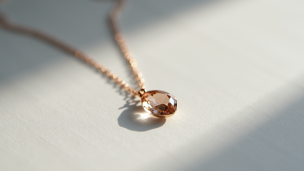 Close-up view of a delicate crystal pendant necklace on a minimalist background