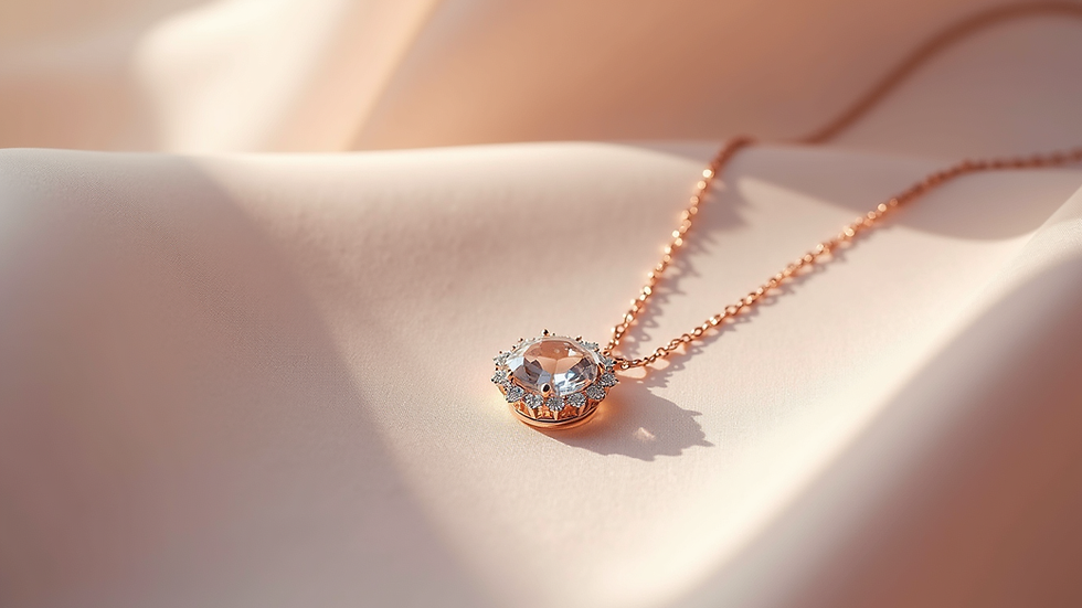 Eye-level view of delicate crystal pendant necklace on a soft fabric background