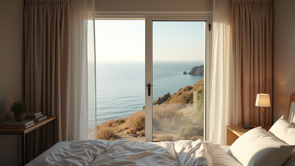 High angle view of a cosy bedroom with sea view window