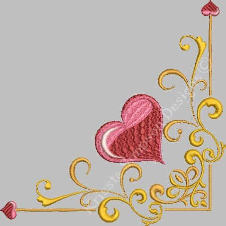 Decorative Vintage corner motif with hearts machine embroidery design