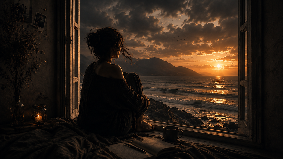 A woman sits quietly beside an open window overlooking a stormy ocean at sunset, wrapped in shadow and warm golden light. Dark clouds gather above the sea while waves crash against the rocks below, creating a cinematic contrast between chaos and calm. A journal, candle and coffee cup rest beside her, adding to the reflective, introspective atmosphere.