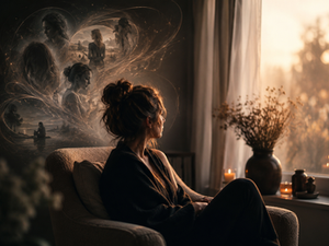 A woman sits by the window, lost in reflection as ethereal memories swirl around her, capturing moments from the past.