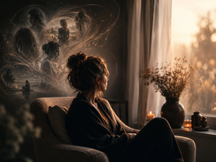A woman sits by the window, lost in reflection as ethereal memories swirl around her, capturing moments from the past.