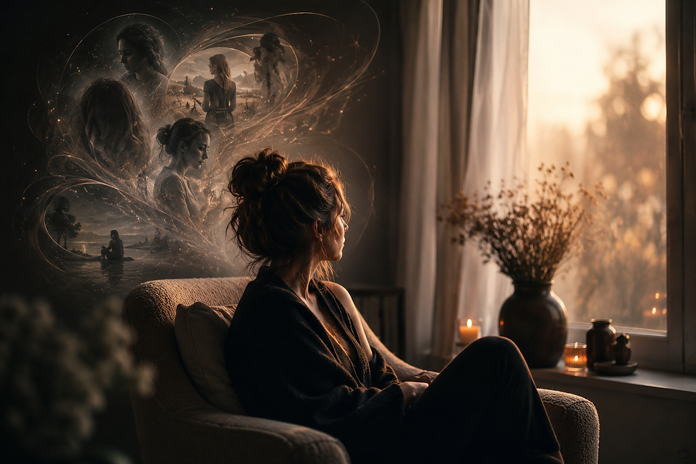 Woman sitting in a cozy, dimly lit room gazes out a window at sunset. Ethereal, dreamy portraits float behind her, creating a reflective mood.