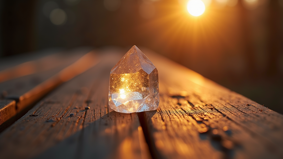 Close-up view of a softly glowing crystal on a wooden surface